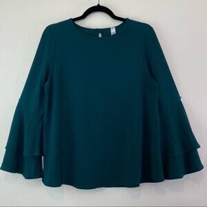 Fox & Gray Blouse Dark Hunter Green Medium Trumpet Sleeves Pullover Top Business